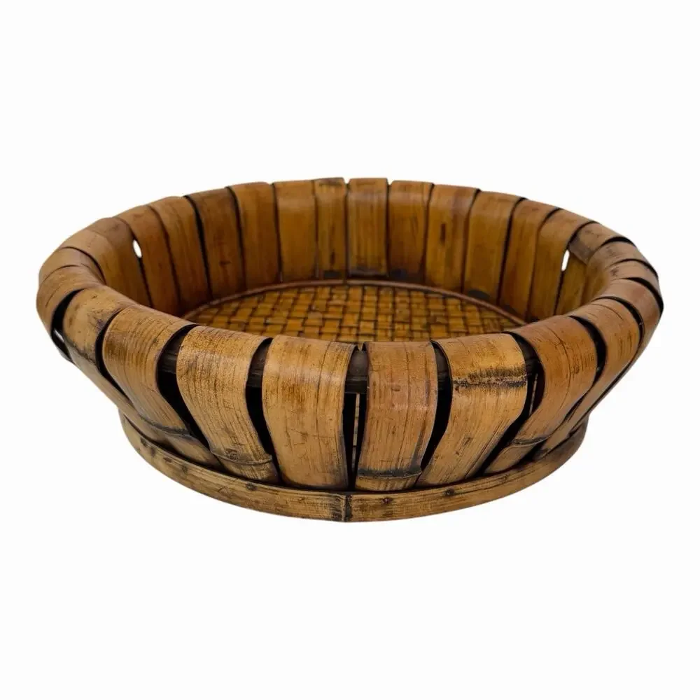 Vintage Hand Woven Wooden Bent Bamboo Slats Fruit Basket/Serving Tray 15”x4.5”